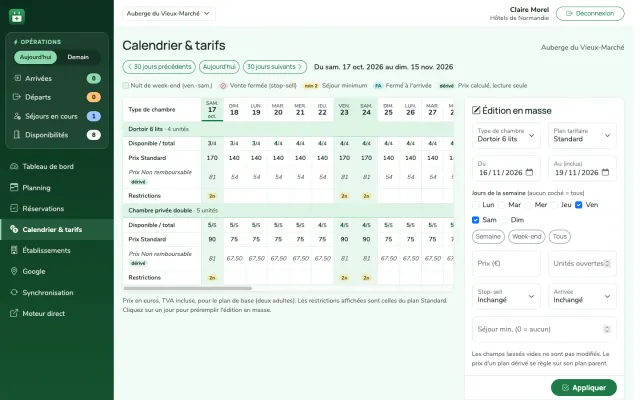 Capture d'écran : édition en masse des prix et des restrictions sur une plage de dates