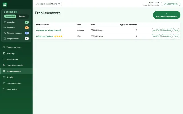 Capture d'écran : vue du propriétaire sur les établissements de son compte
