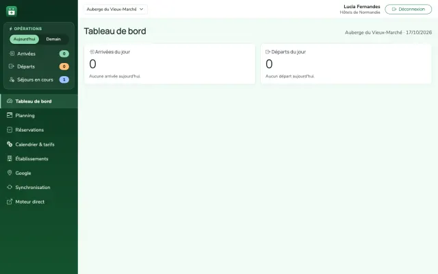 Capture d'écran : tableau de bord limité aux arrivées et départs pour le rôle ménage