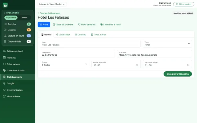 Capture d'écran : identité d'un établissement avec son indicatif téléphonique
