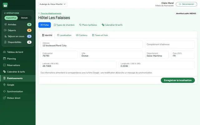 Capture d'écran : fiche d'un établissement avec son adresse, sa région et son pays