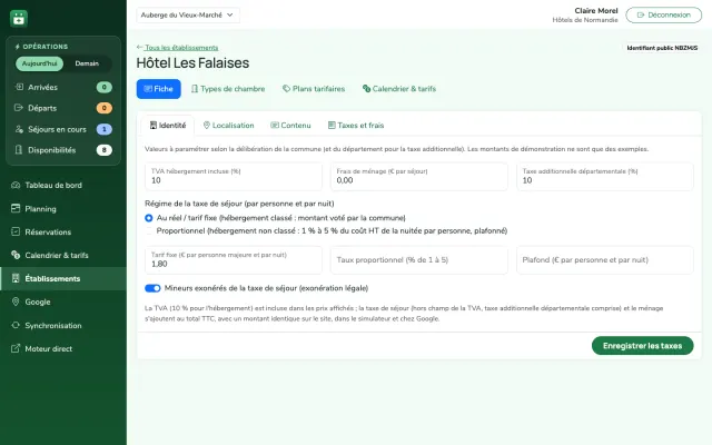 Capture d'écran : réglage de la TVA incluse, de la taxe de séjour et des frais de ménage d'un établissement