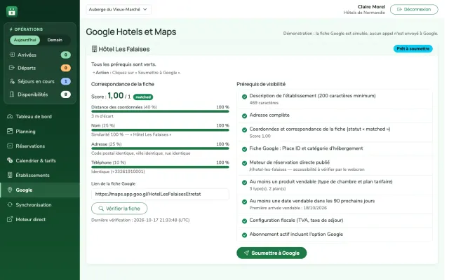 Capture d'écran : établissement prêt à être soumis à Google, tous les prérequis validés