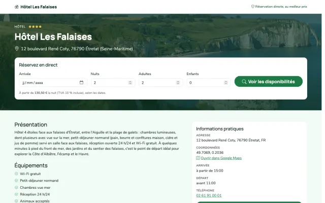 Capture d'écran : site OnePage d'un hôtel avec le formulaire de recherche de dates