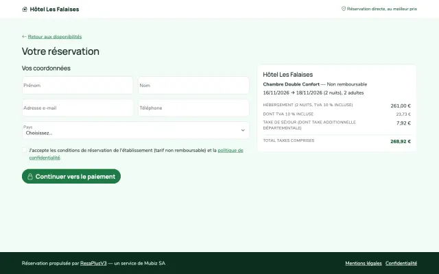 Capture d'écran : formulaire de réservation directe avec le récapitulatif du prix
