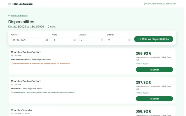 Capture d'écran : chambres disponibles et prix, taxes comprises, pour les dates choisies