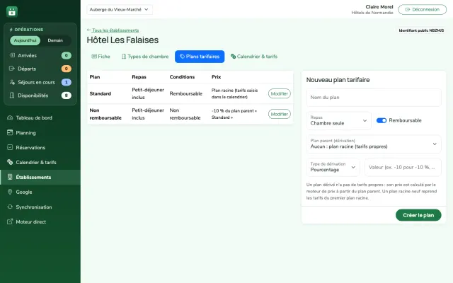 Capture d'écran : plans tarifaires, dont un plan dérivé calculé à partir du plan de base